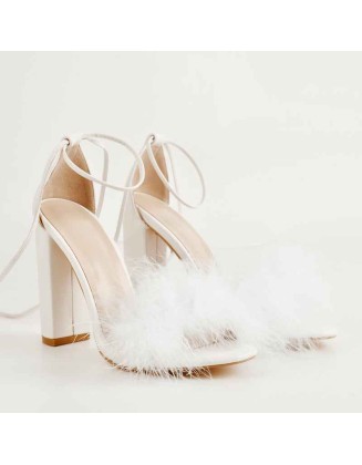 Fluffy Feather Chunky High Heel Sandals