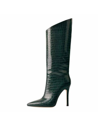 Green Stone Pattern High Heel Mid-Calf Boots