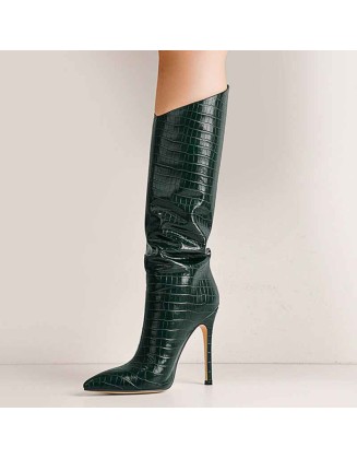 Green Stone Pattern High Heel Mid-Calf Boots