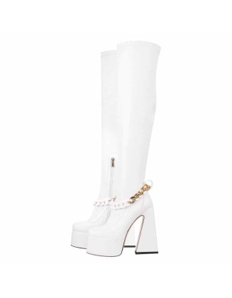 Square Toe Metal Chain Chunky Thigh Boots