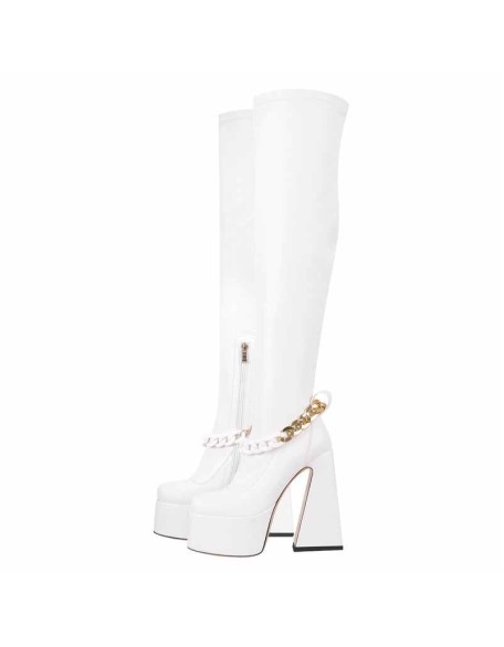 Square Toe Metal Chain Chunky Thigh Boots