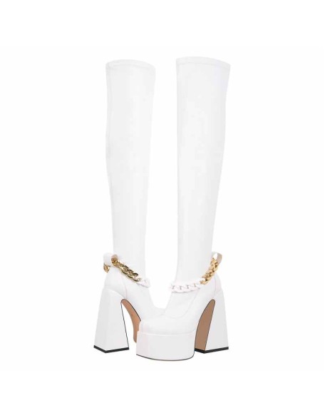 Square Toe Metal Chain Chunky Thigh Boots