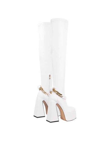 Square Toe Metal Chain Chunky Thigh Boots