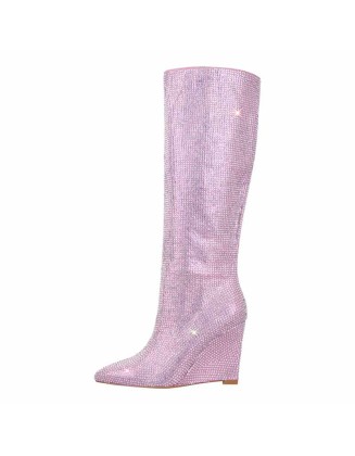 Rhinestone Wedge Heel Knee High Boots