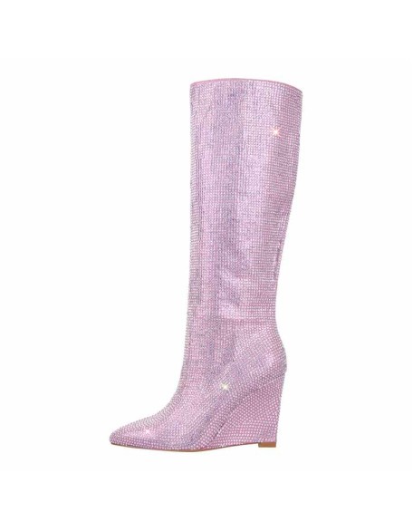 Rhinestone Wedge Heel Knee High Boots