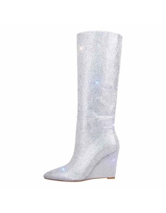 Rhinestone Wedge Heel Knee High Boots