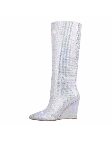 Rhinestone Wedge Heel Knee High Boots