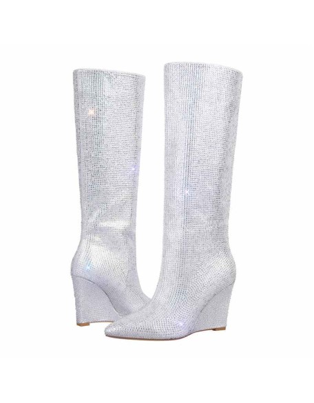 Rhinestone Wedge Heel Knee High Boots