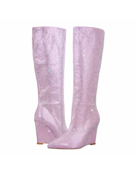 Rhinestone Wedge Heel Knee High Boots