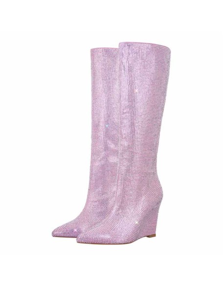 Rhinestone Wedge Heel Knee High Boots