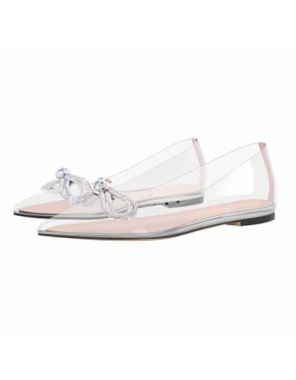 Rhinestones Bow Pointed Toe Clear Flat