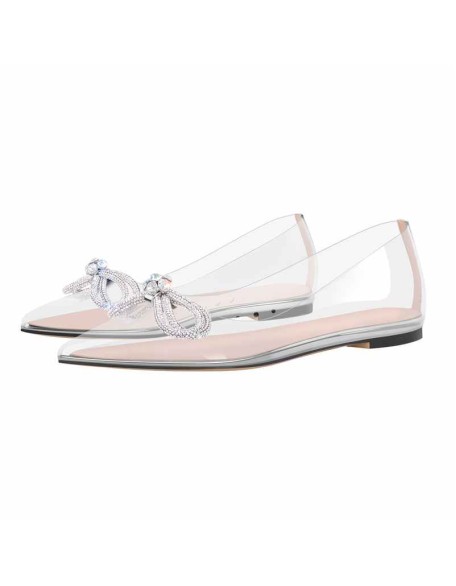 Rhinestones Bow Pointed Toe Clear Flat