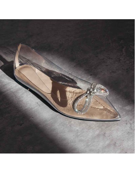 Rhinestones Bow Pointed Toe Clear Flat