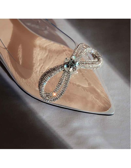 Rhinestones Bow Pointed Toe Clear Flat