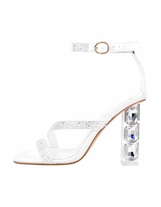Square Toe Ankle Strap Rhinestone Chunky Heel Sandals