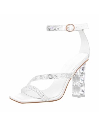 Square Toe Ankle Strap Rhinestone Chunky Heel Sandals