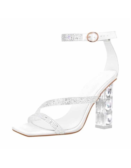 Square Toe Ankle Strap Rhinestone Chunky Heel Sandals