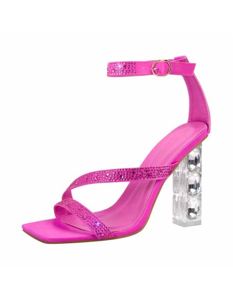 Square Toe Ankle Strap Rhinestone Chunky Heel Sandals