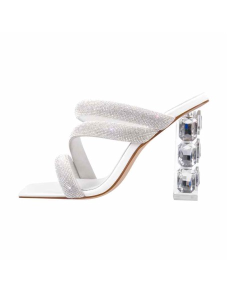 Rhinestone Strappy Slip on Chunky Heels Sandals
