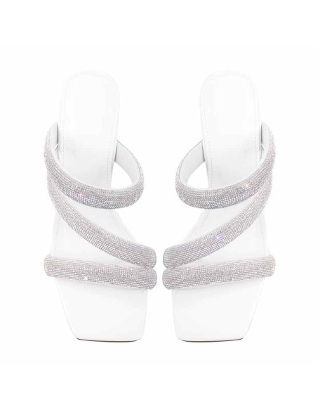Rhinestone Strappy Slip on Chunky Heels Sandals
