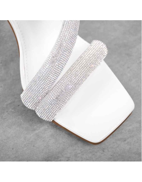Rhinestone Strappy Slip on Chunky Heels Sandals