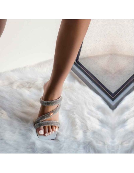 Rhinestone Strappy Slip on Chunky Heels Sandals