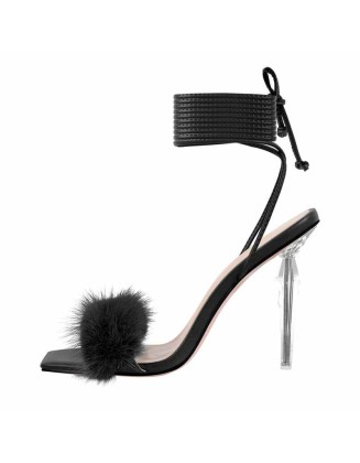 Fluffy Lace up Stilettos High Heel Sandals