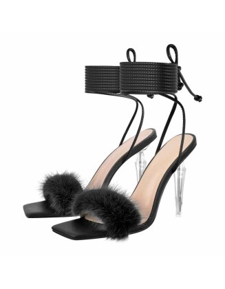 Fluffy Lace up Stilettos High Heel Sandals