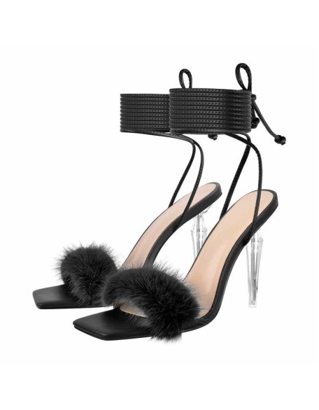 Fluffy Lace up Stilettos High Heel Sandals