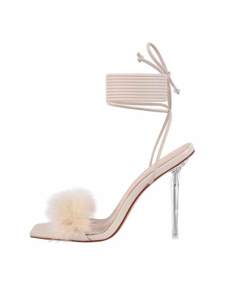 Fluffy Lace up Stilettos High Heel Sandals