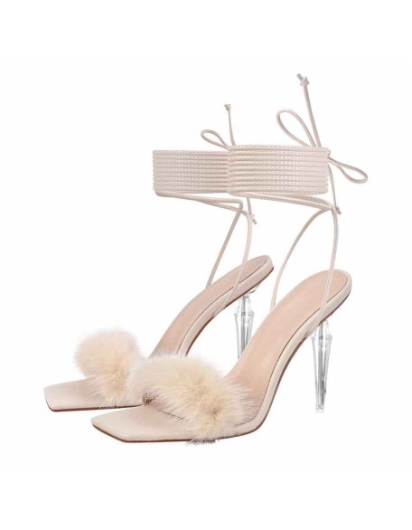 Fluffy Lace up Stilettos High Heel Sandals