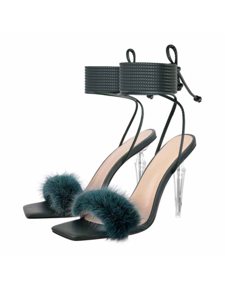 Fluffy Lace up Stilettos High Heel Sandals