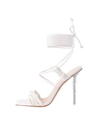 Square Toe Lace up High Heel Sandals