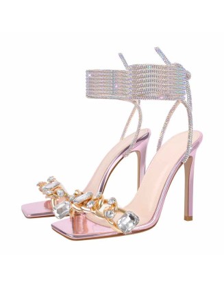 Rhinestone Strappy Lace up Sandals