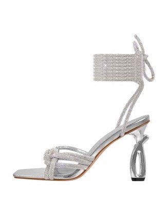 Rhinestone Lace-Up Silver Heels Sandals