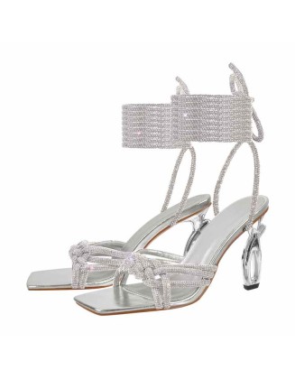 Rhinestone Lace-Up Silver Heels Sandals
