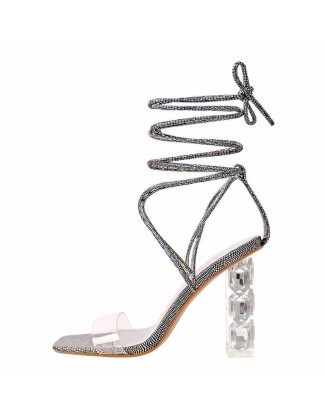 Rhinestone Strap Lace up Chunky Heel Sandals