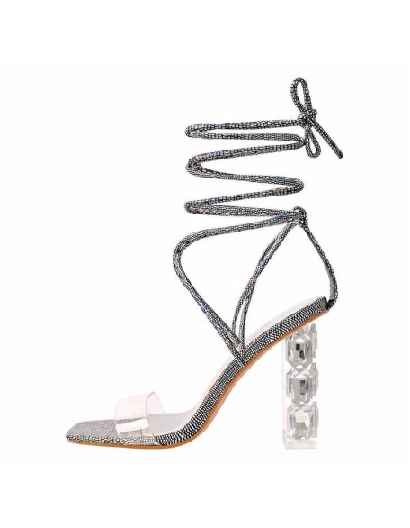 Rhinestone Strap Lace up Chunky Heel Sandals
