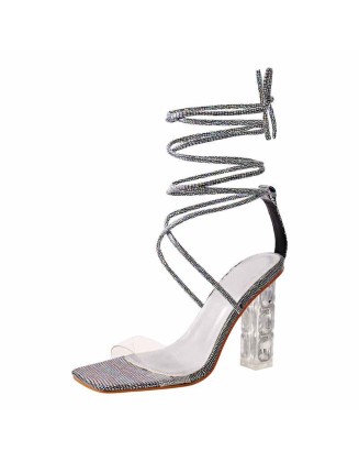 Rhinestone Strap Lace up Chunky Heel Sandals