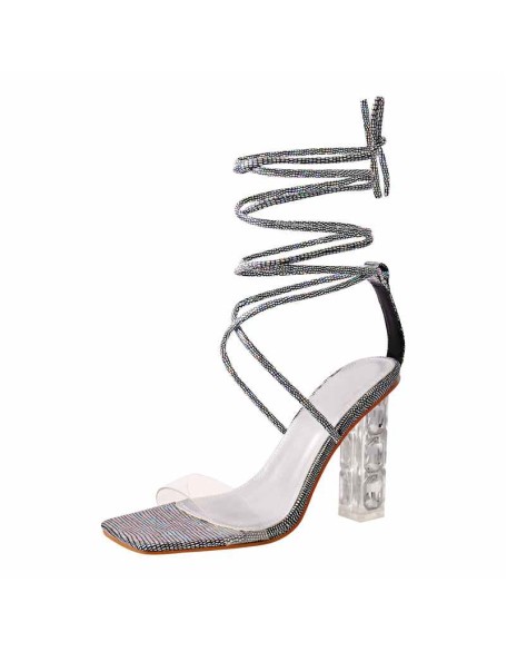 Rhinestone Strap Lace up Chunky Heel Sandals