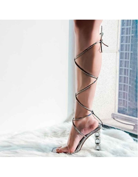 Rhinestone Strap Lace up Chunky Heel Sandals