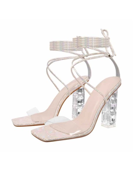 Rhinestone Strap Lace up Chunky Heel Sandals