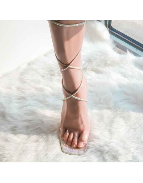 Rhinestone Strap Lace up Chunky Heel Sandals