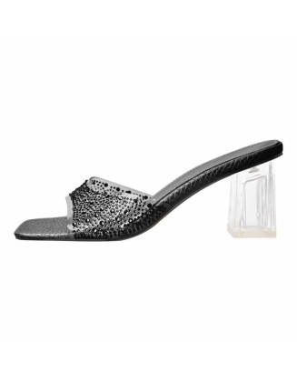 Sequined Mid Transparent Heel Sandals Mules