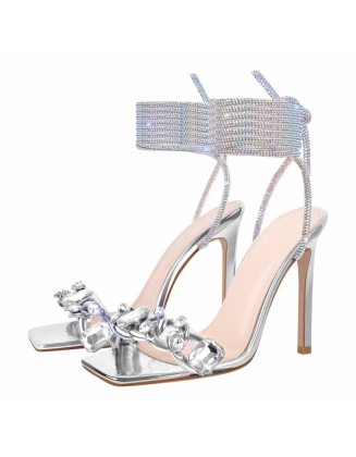 Rhinestone Square Toe Lace-up Stiletto Sandals