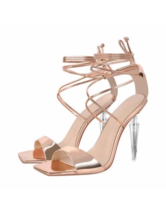 Square Toe Lace-up Clear Heel Sandals