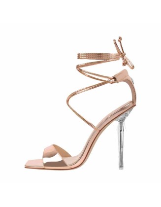 Square Toe Lace-up Clear Heel Sandals