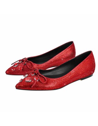Red Rhinestone Bow Pointed Toe Flats
