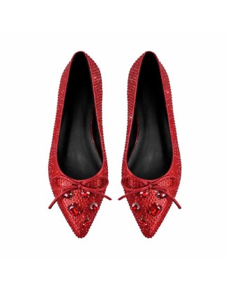 Red Rhinestone Bow Pointed Toe Flats