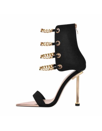 Pointed Toe Metal Chain Back Zipper Sandals